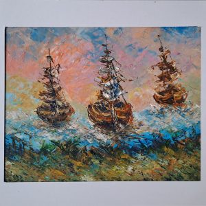 Hand Painted Three Ships Scene | 20 × 25 cm