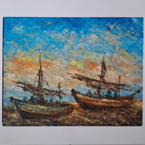 Hand Painted Shoreline Boats Scene | 20 × 25 cm