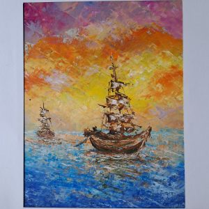 Hand Painted Sunset Ship Scene | 20 × 25 cm
