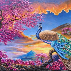 Stunning Oil Painting | Peacocks in Cherry Blossom Landscape